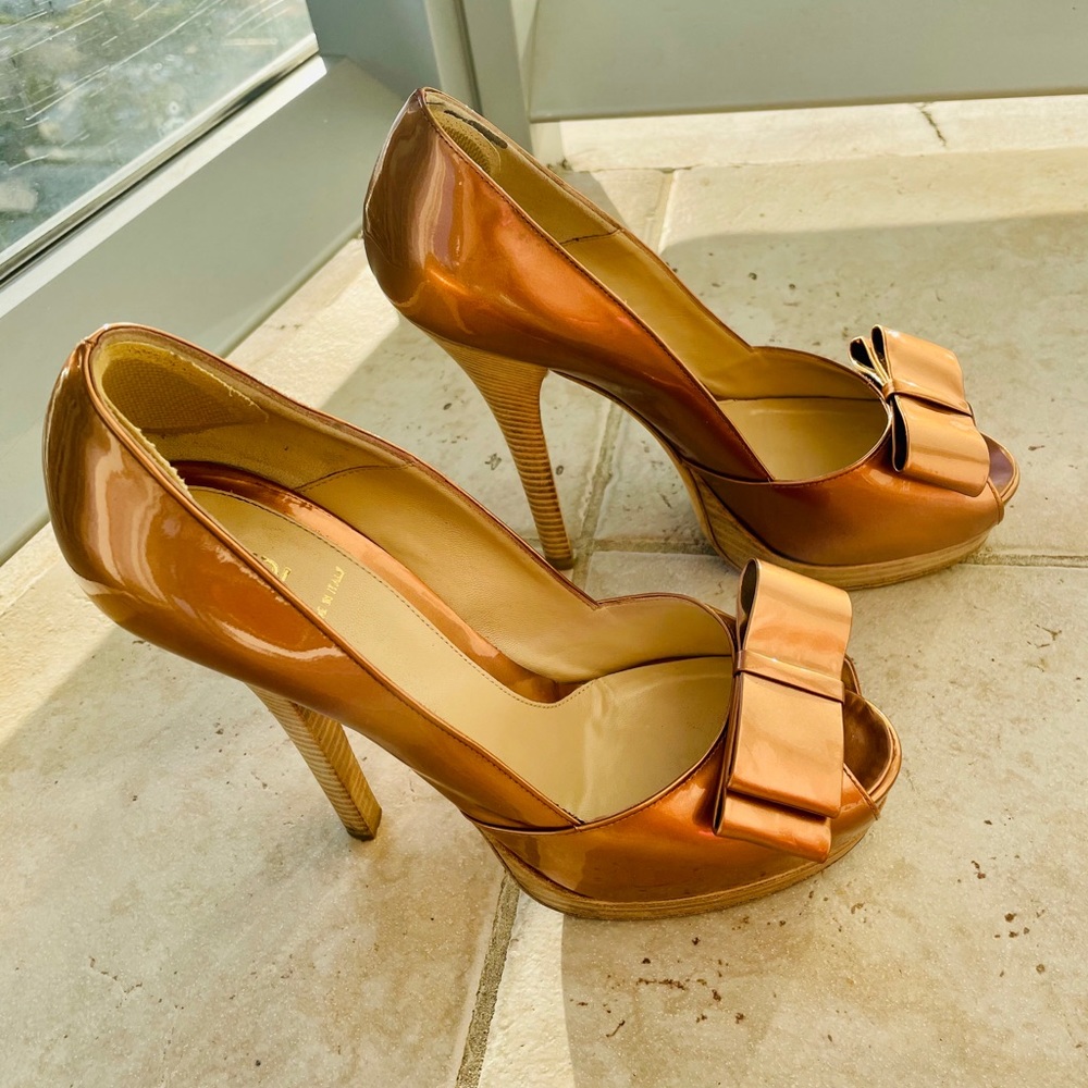 Fendi Copper Patent Open Toe Bow Pump. 39.5